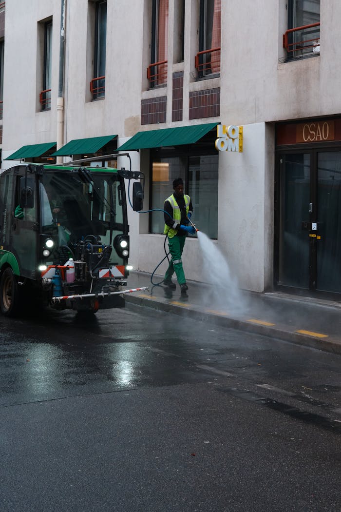 journey-02 A street cleaner operates a water spray machine on a city sidewalk, showcasing urban maintenance.